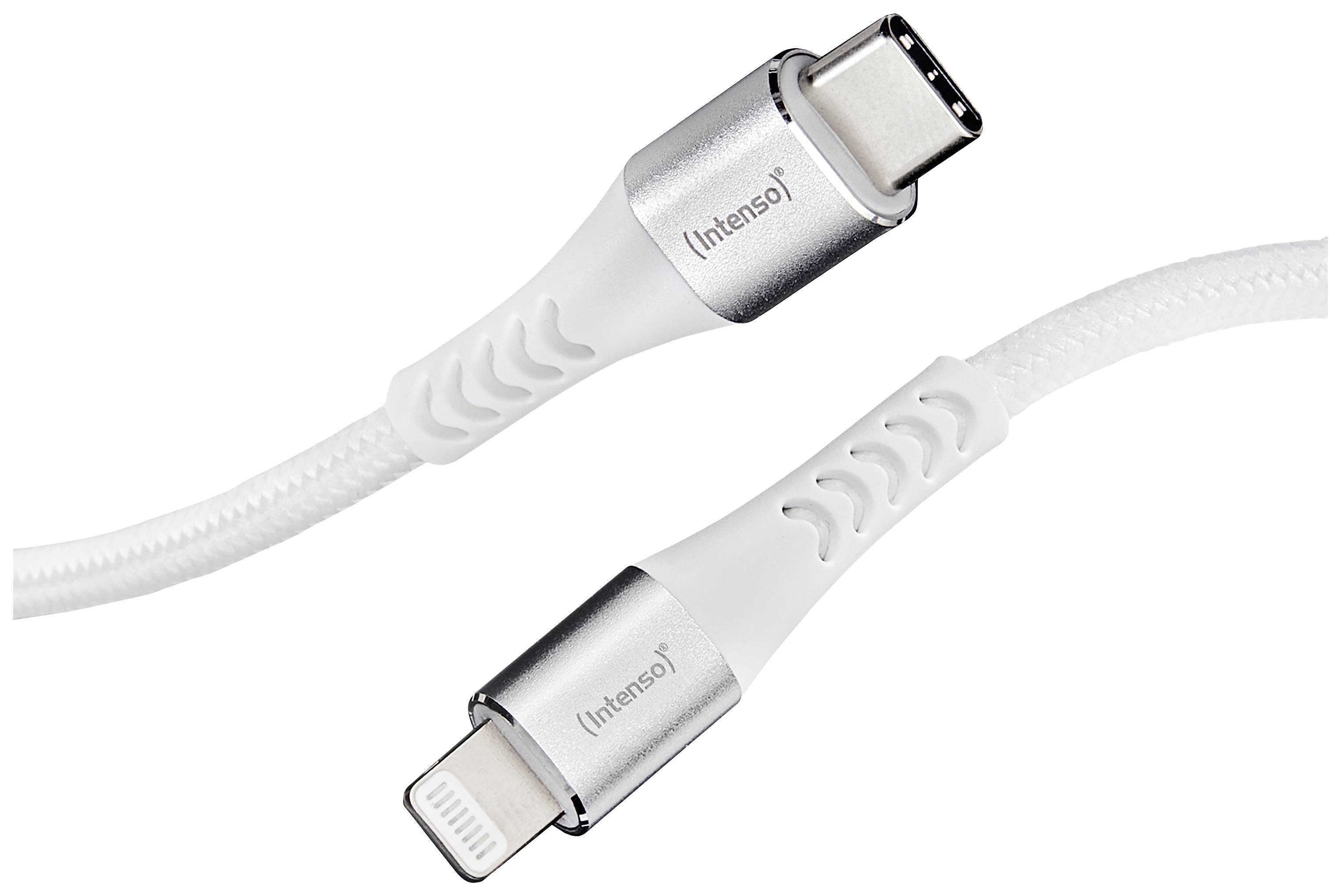 Câble de charge avec connecteurs USB-C et Lightning de couleur argent et blanc par 'Intenso', présentant une construction robuste pour les connexions d'appareils.