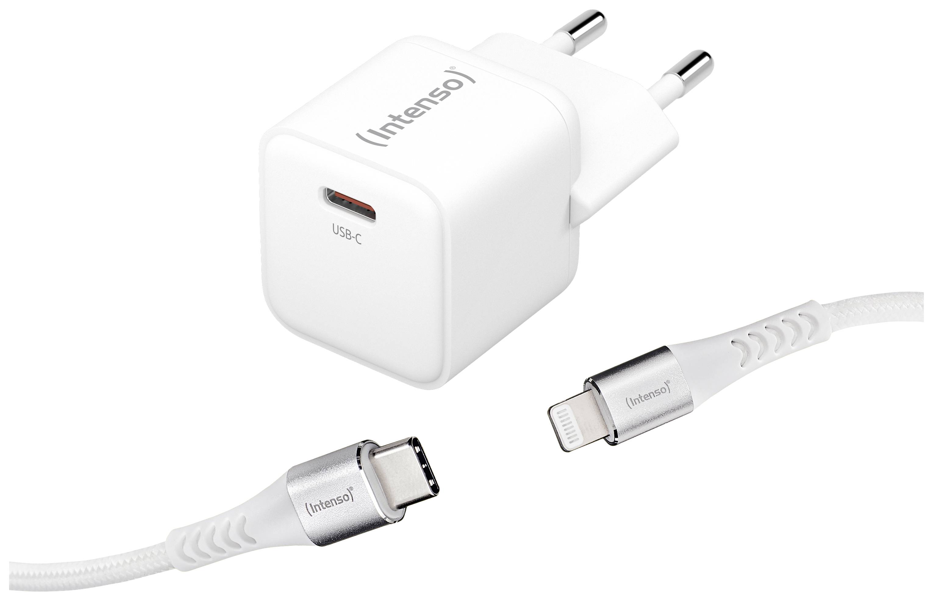 Bloc d'alimentation avec port USB-C et deux câbles, l'un avec connecteur USB-C et l'autre avec connecteur Lightning. Adapté à divers appareils.