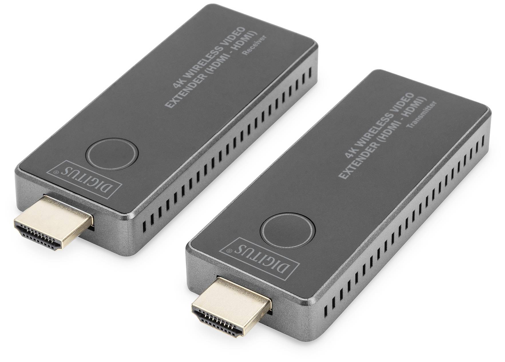 Deux adaptateurs HDMI sans fil de Digitus pour la transmission sans fil de vidéo 4K. Les deux adaptateurs sont dotés de connexions HDMI et d'un design élégant et noir.