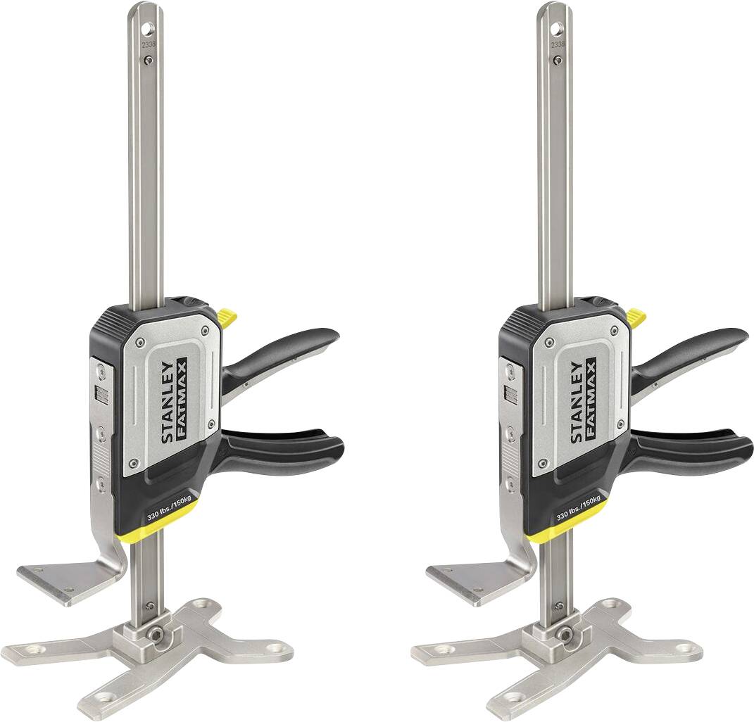 Deux pinces Stanley FatMax en argent avec poignée noire et fermeture jaune sur un support, idéales pour fixer des pièces de travail.