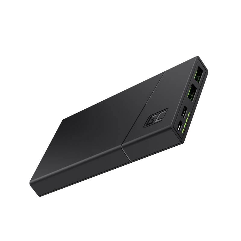 Une batterie externe noire avec deux ports USB et un affichage numérique, présentée légèrement en angle.