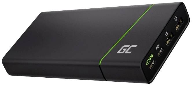 Une batterie externe noire avec voyant LED vert et deux ports USB ainsi qu'un port USB-C.