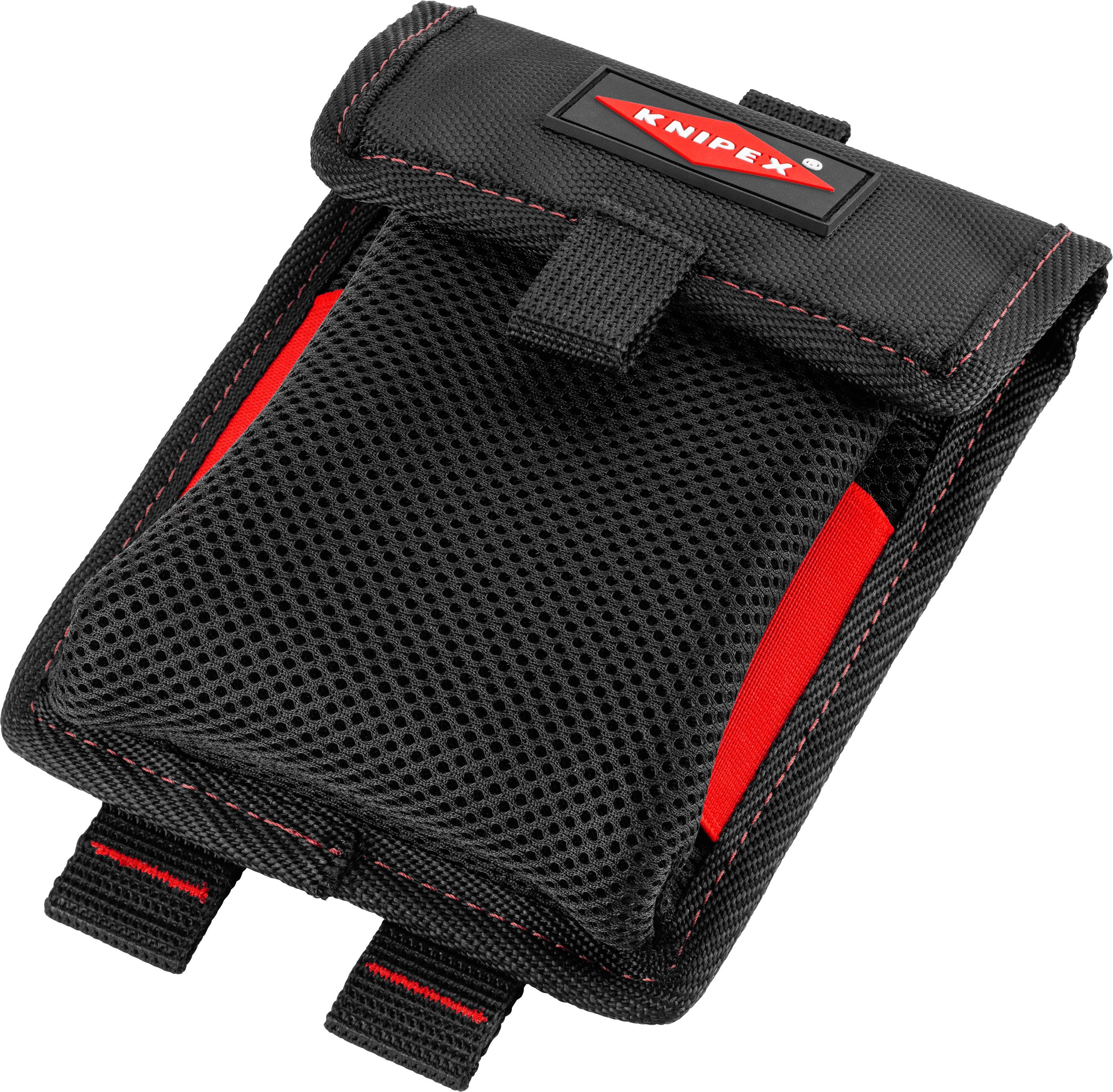 Sacoche à outils noire avec logo Knipex rouge sur le rabat, compartiment en filet à l'avant et coutures matelassées. Adaptée au rangement des petits outils.