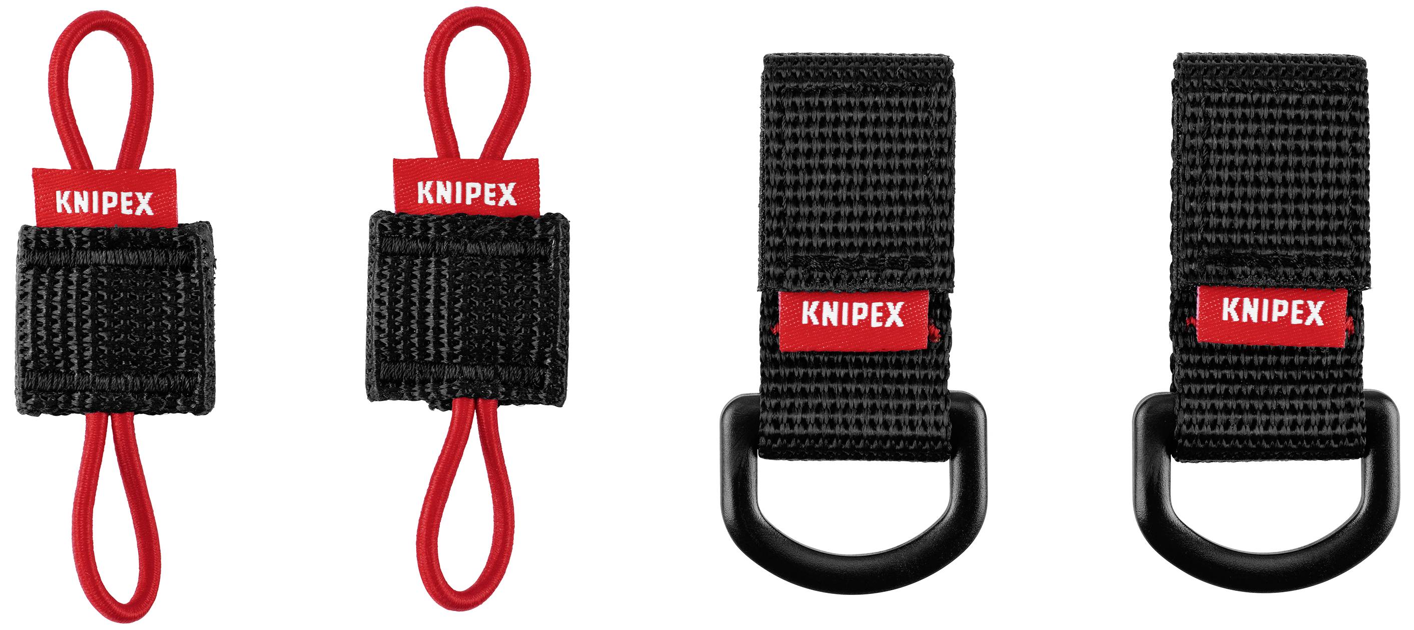 Deux boucles rouges avec des supports noirs, à côté de deux supports noirs avec des boucles et des anneaux en D, tous étiquetés 'KNIPEX'.