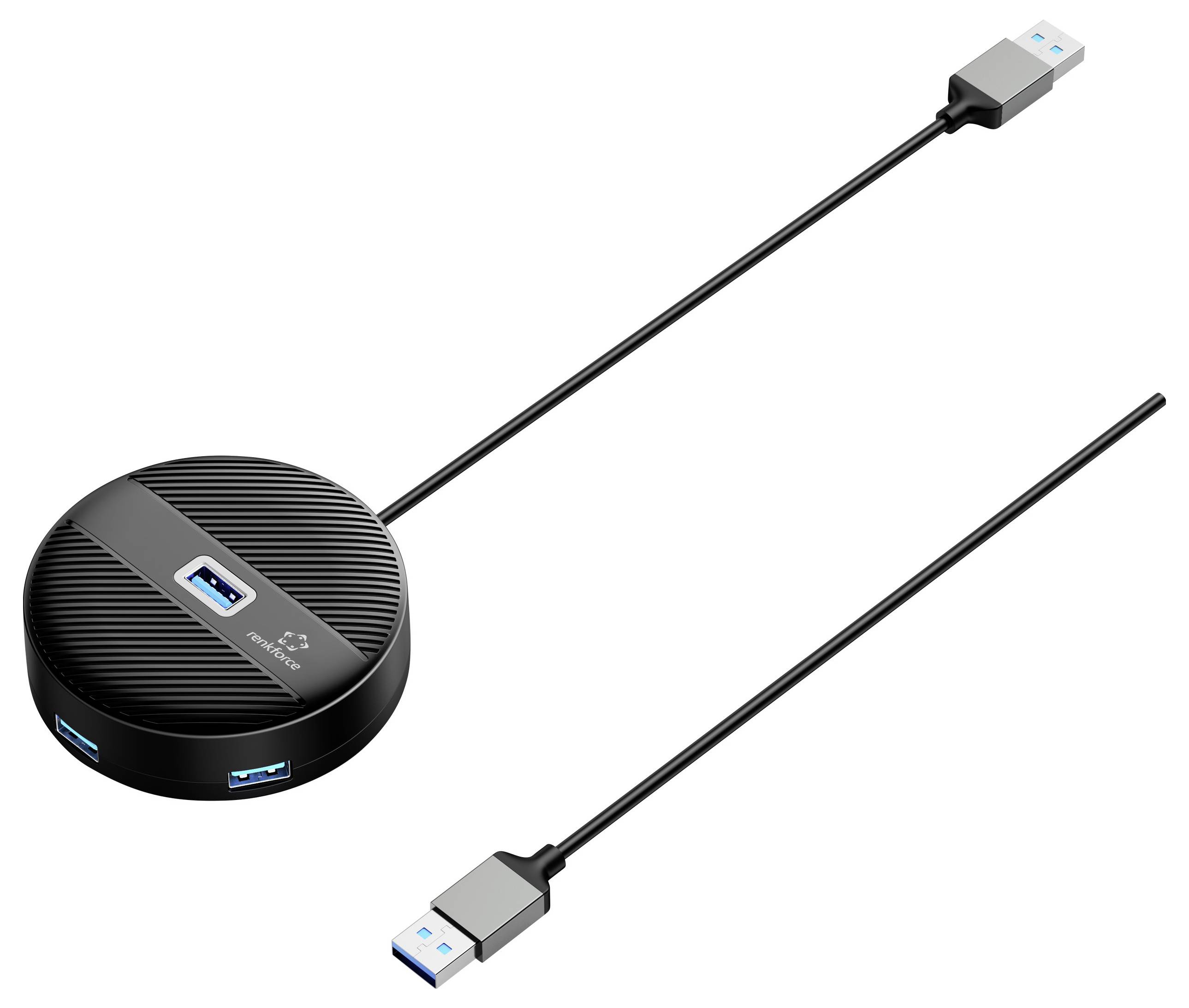 Un hub USB rond avec trois ports et un long câble. Deux ports sur le hub, un à l'extrémité du câble. Idéal pour une connectivité USB étendue.