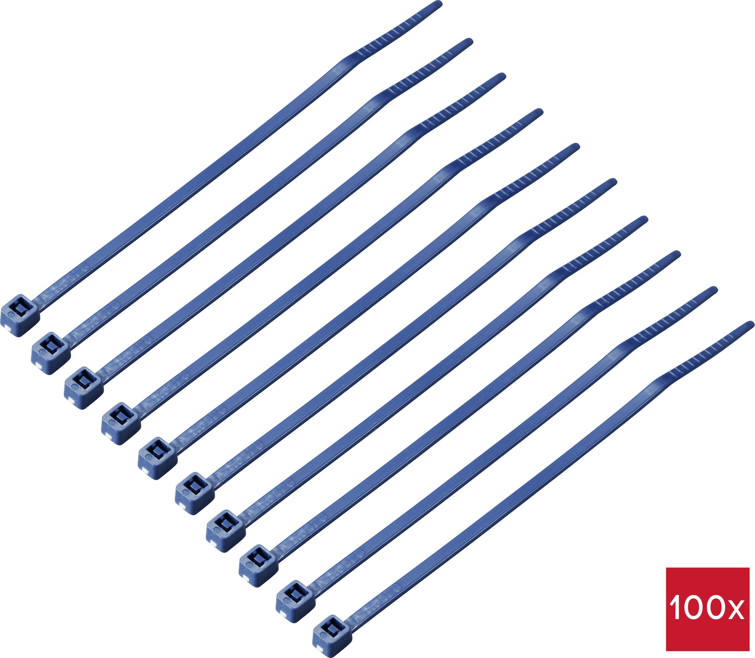 Dix attaches-câbles bleus côte à côte, avec un champ rouge en bas à droite indiquant '100x', ce qui fait référence à la quantité.