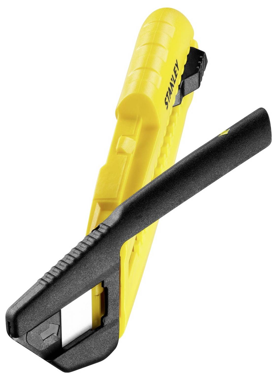 Cutter jaune avec bouton-poussoir noir et lame inclinée, outil conçu pour la découpe précise des matériaux.