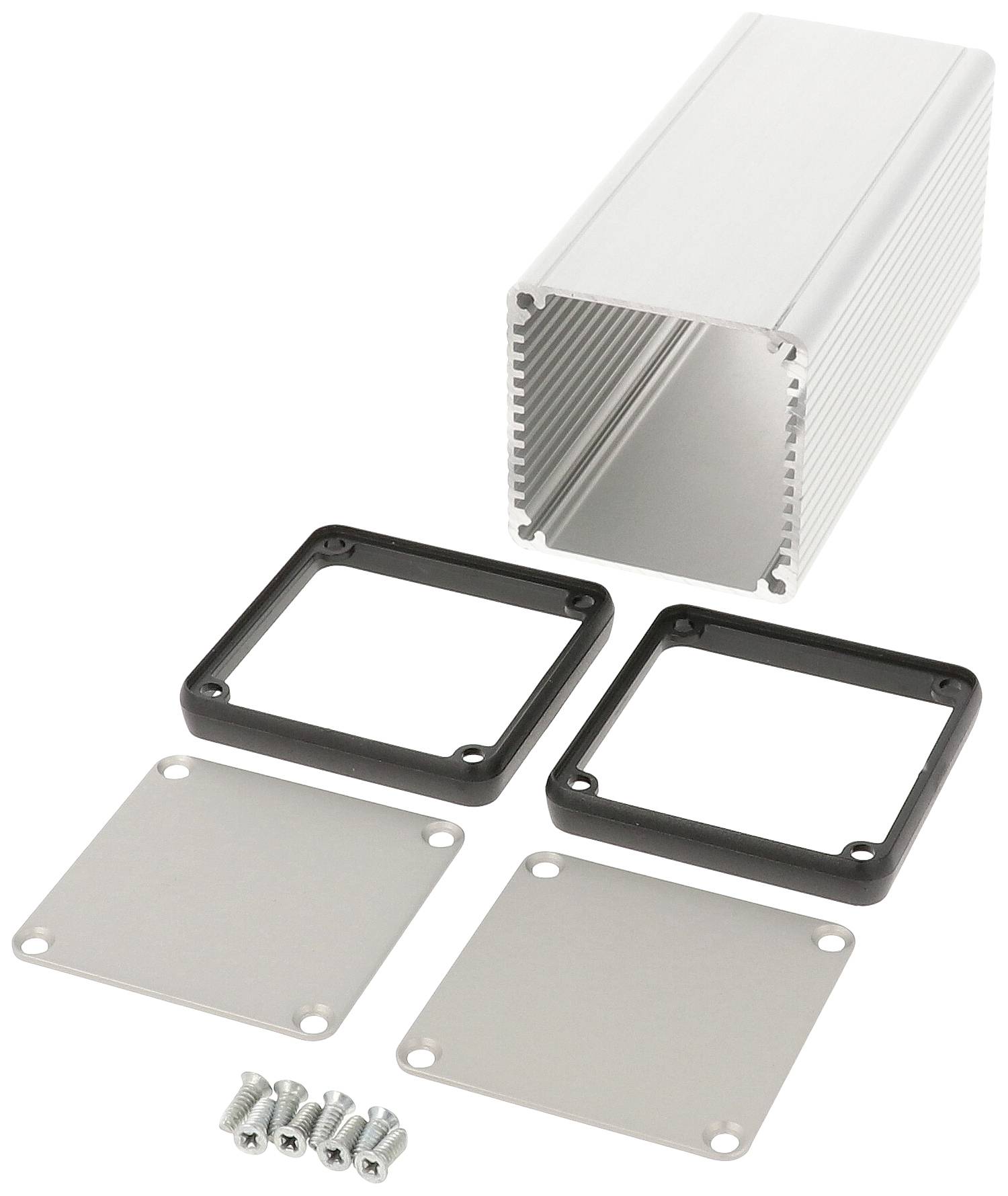 Boîtier en aluminium avec deux plaques de fixation et vis, adapté pour la protection électronique et la construction d'appareils.