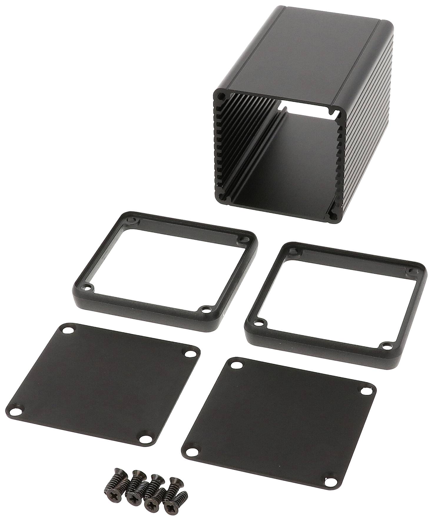Boîtier en aluminium noir avec côtés ouverts, deux plaques de couverture, deux cadres de montage et des vis, prêt à être assemblé.