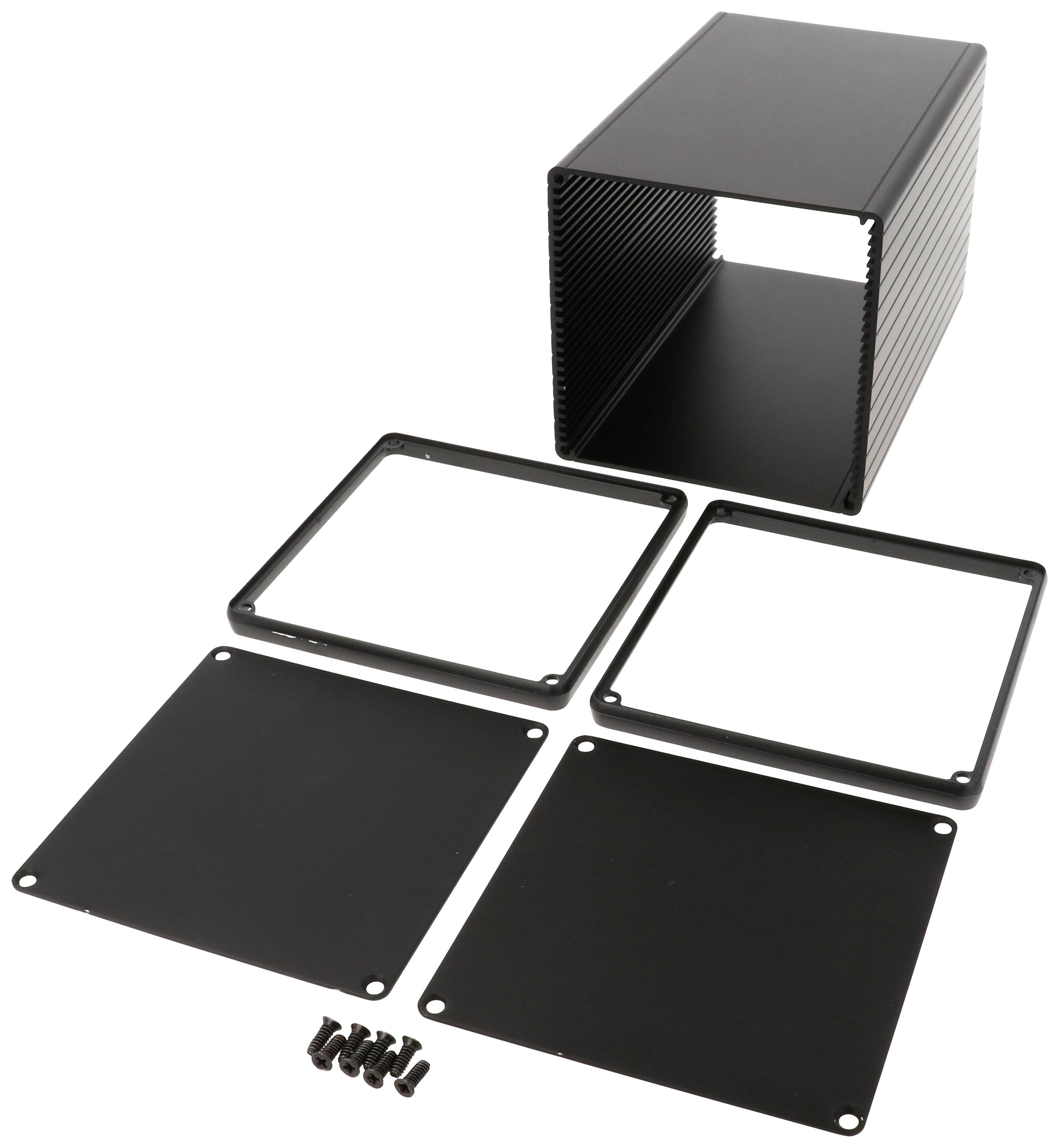 Boîtier en aluminium noir avec plaques et vis amovibles ; adapté pour la construction d'appareils électroniques.
