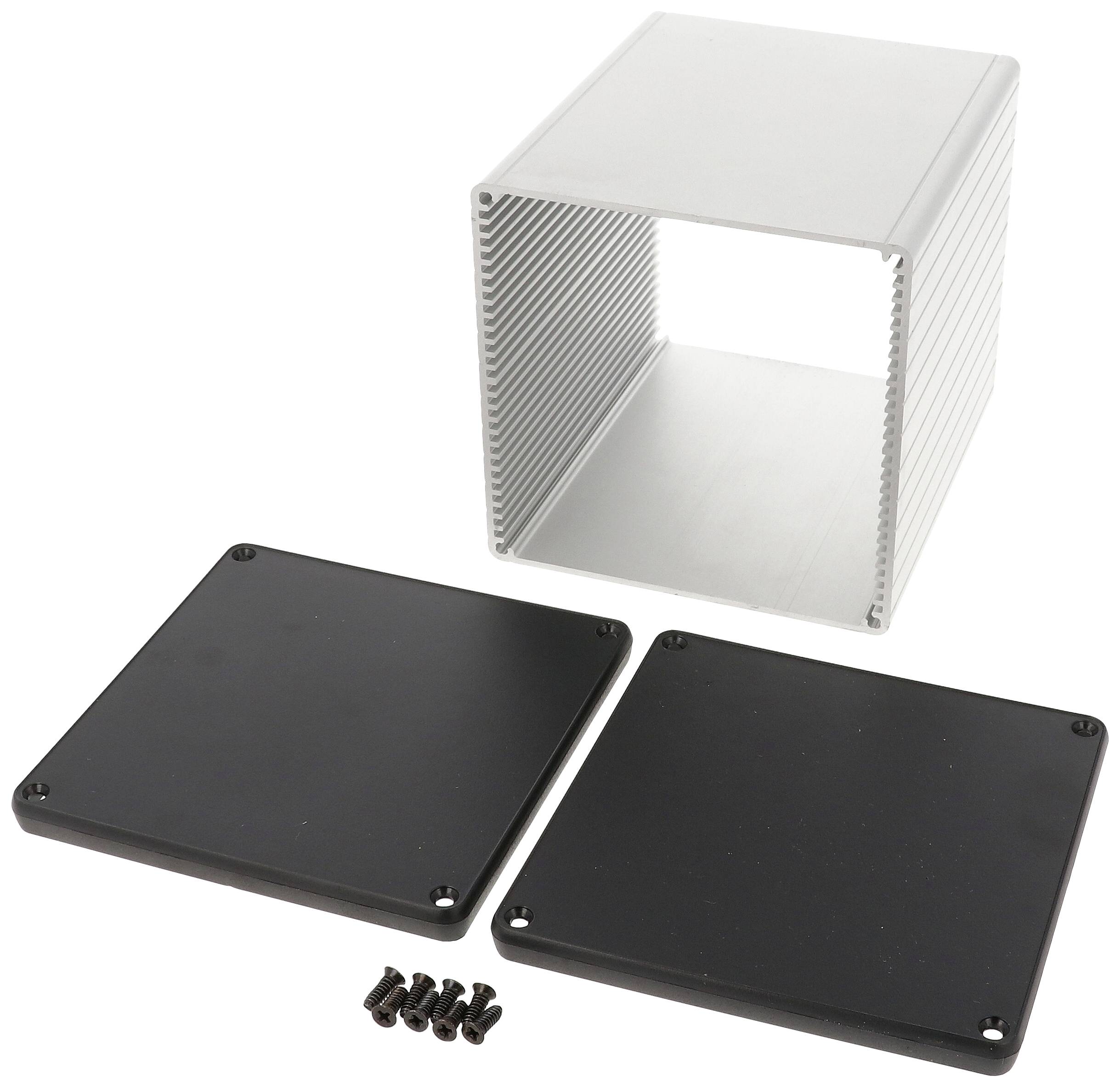 Boîtier en aluminium avec deux plaques de couverture noires et des vis, adapté pour les appareils électroniques.