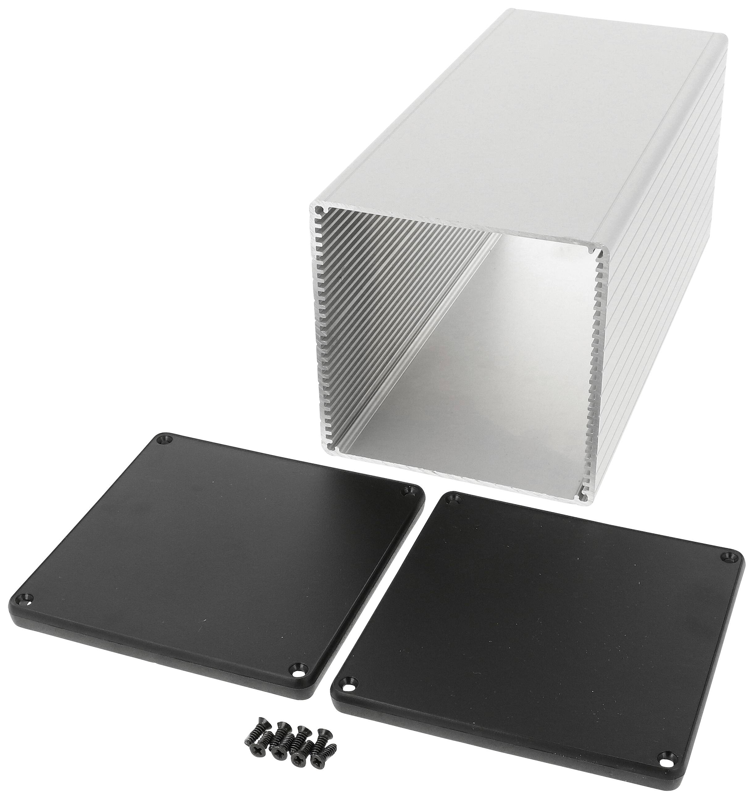 Boîtier en aluminium pour électronique avec plaques d'extrémité amovibles noires et vis, adapté à la protection des composants électroniques.