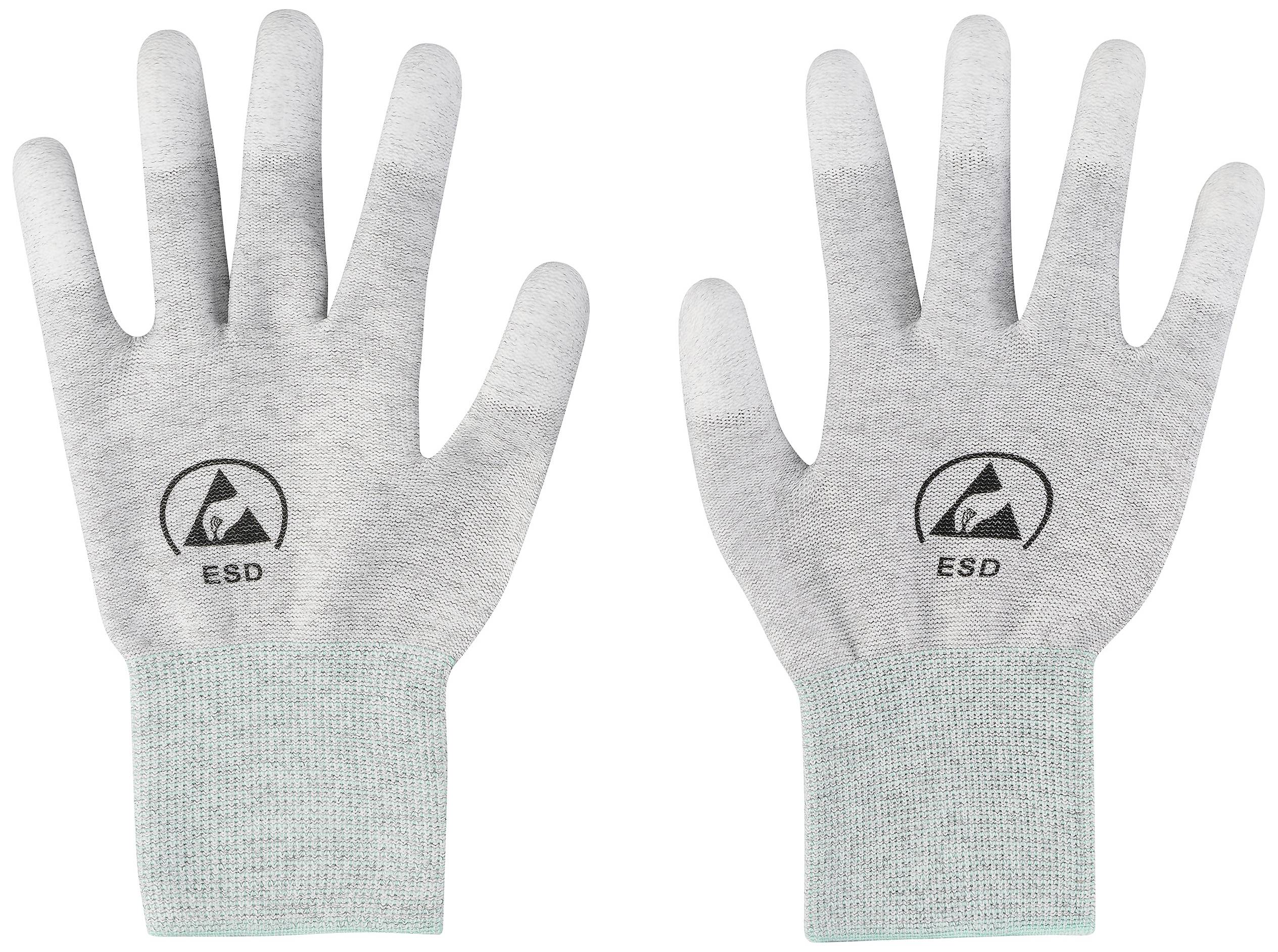 Deux gants ESD antistatiques gris avec un logo noir, montrant les paumes vers le haut.