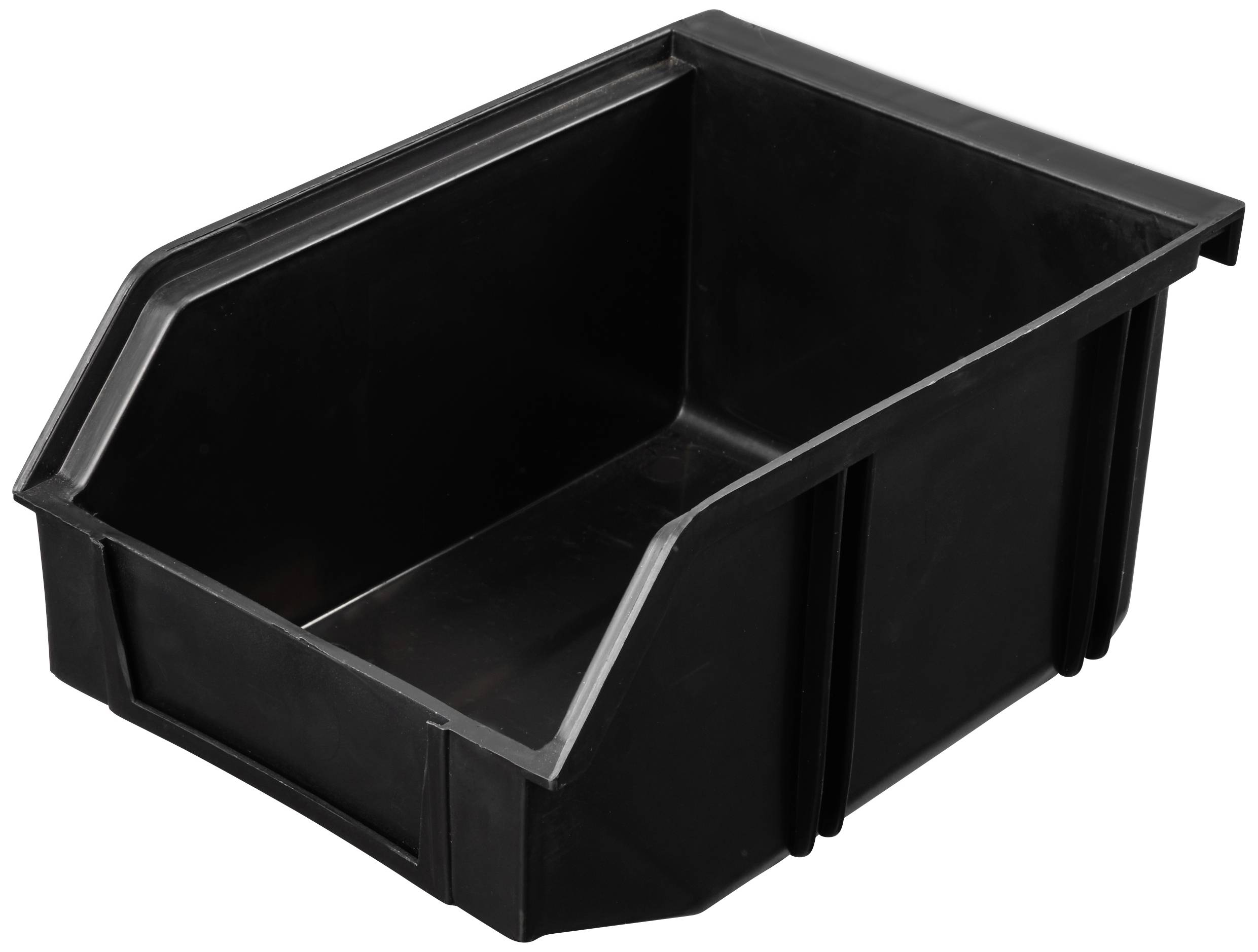 Boîte en plastique noir avec façade inclinée et parois latérales droites, adaptée au stockage de petites pièces dans les ateliers.