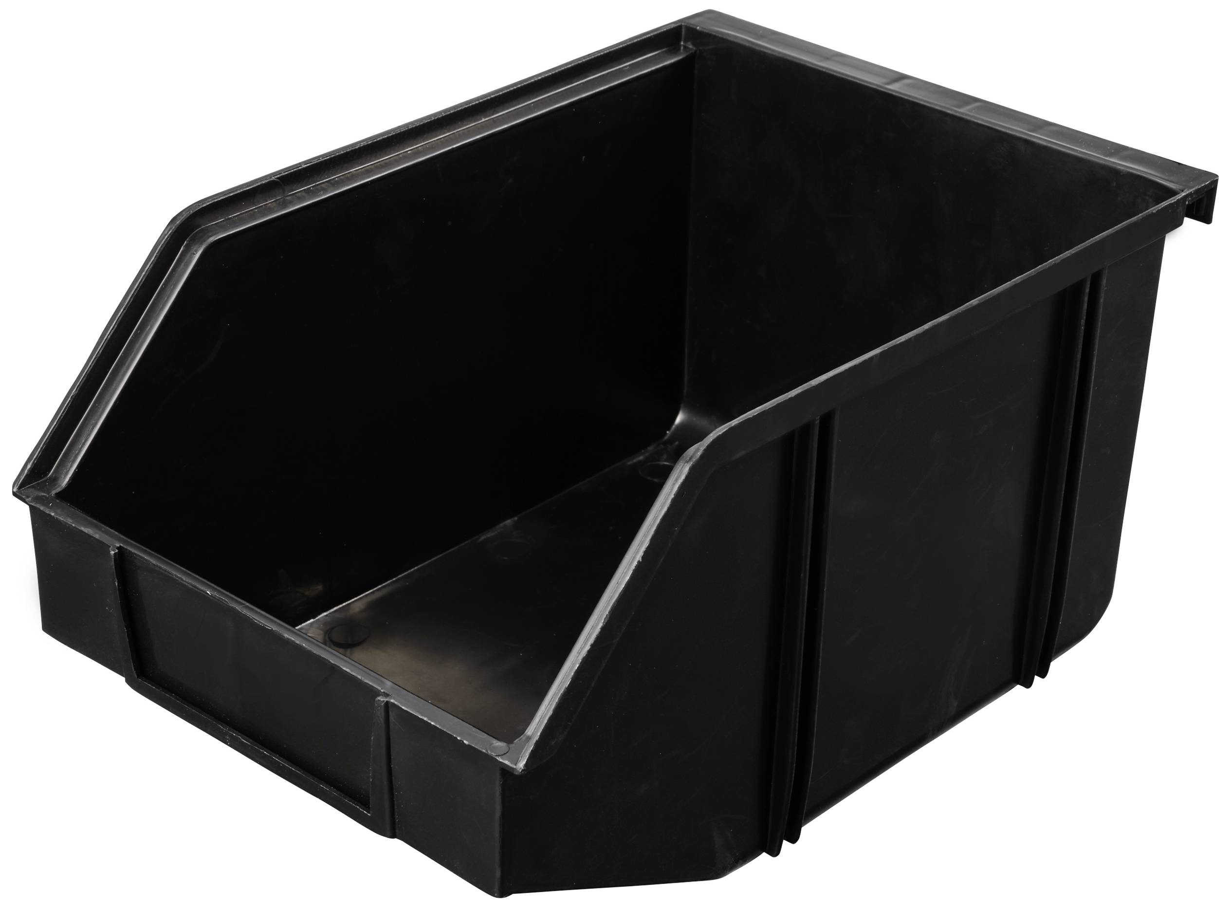 Conteneur noir en plastique avec partie avant biseautée et poignée, adapté au stockage de petits objets ou de matériaux.