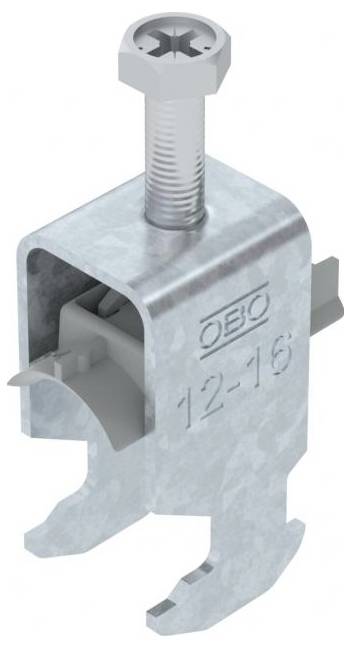 Pince métallique avec un boulon, étiquetée 'OBO 12-16', conçue pour fixer des câbles ou des tuyaux, présentant une prise en forme de U et des détails de filetage.