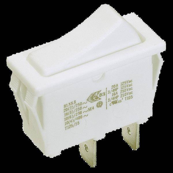 Un interrupteur à bascule blanc avec inscription technique, adapté à une utilisation électrique, affiche les spécifications techniques.
