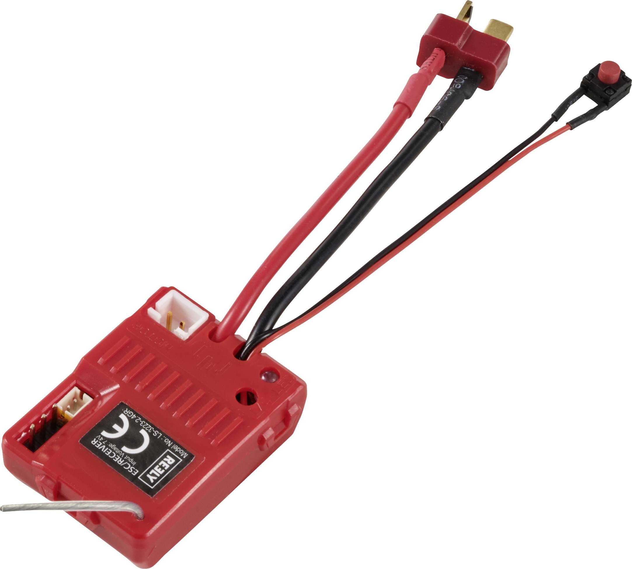 Un appareil électronique rouge avec des câbles, qui pourrait faire partie d'un système télécommandé, équipé d'un interrupteur.