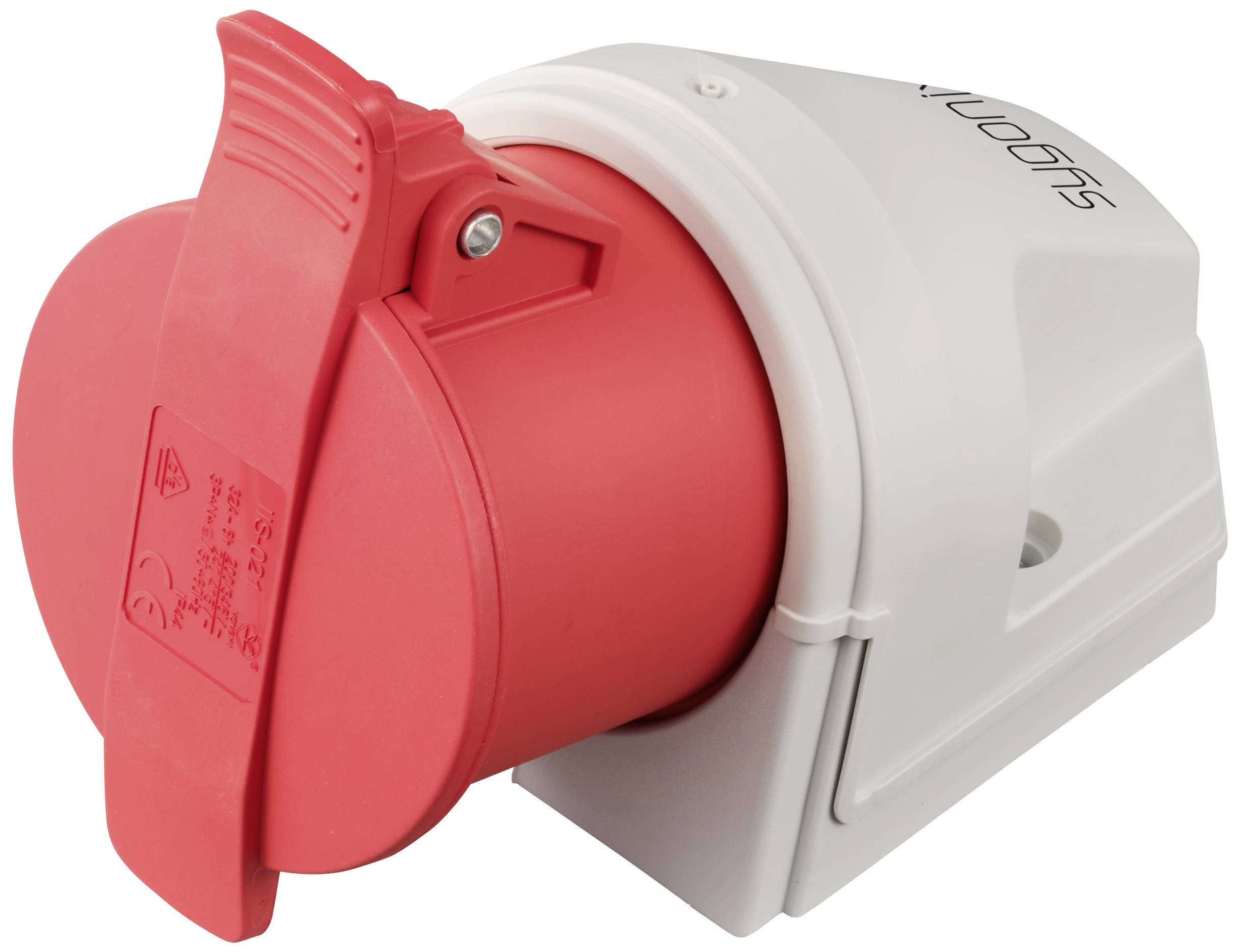 Prise industrielle rouge dans un boîtier blanc, adaptée aux connexions électriques à forte charge.