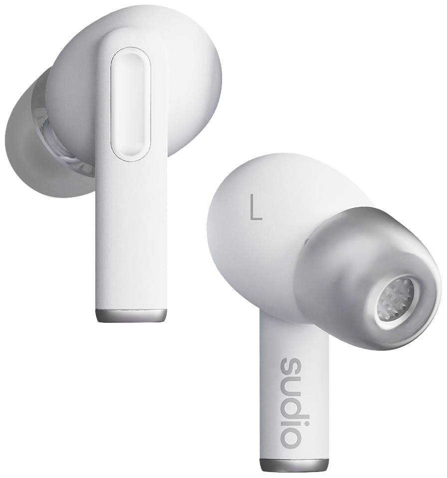 Écouteurs sans fil blancs intra-auriculaires au design ergonomique avec des touches argentées. Un écouteur est marqué d'un 'L'.