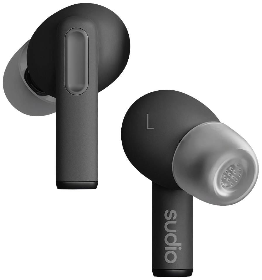 Écouteurs sans fil noirs intra-auriculaires avec un design ergonomique, une surface tactile latérale et l'inscription 'sudio'.