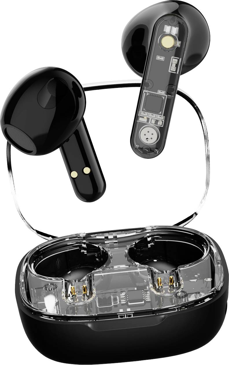 STREETZ T150 Oreillette Bluetooth Stereo noir, transparent micro-casque, boîtier de charge, volume réglable, commande tactile