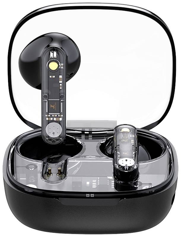 STREETZ T150 Oreillette Bluetooth Stereo noir, transparent micro-casque, boîtier de charge, volume réglable, commande tactile