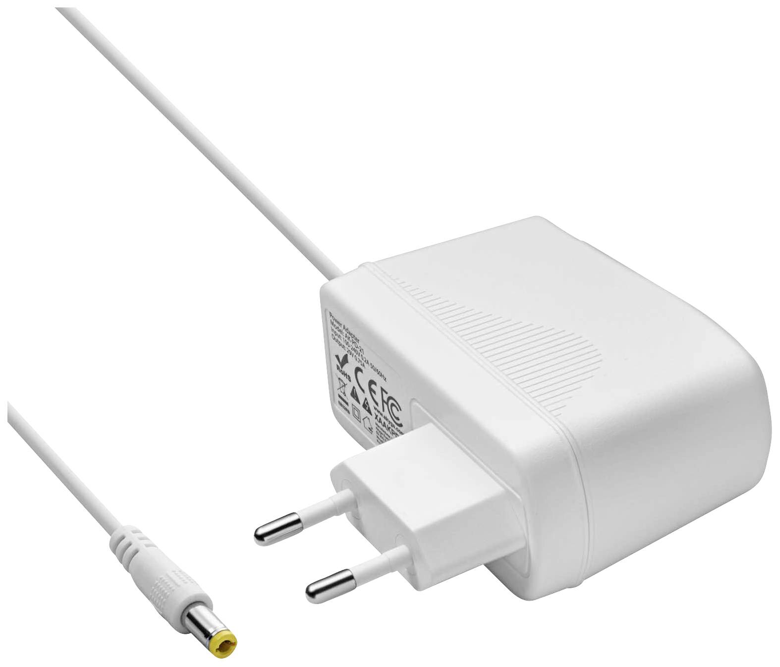 Un bloc d'alimentation blanc avec une fiche européenne et un câble avec une connexion jaune, adapté aux appareils électroniques.