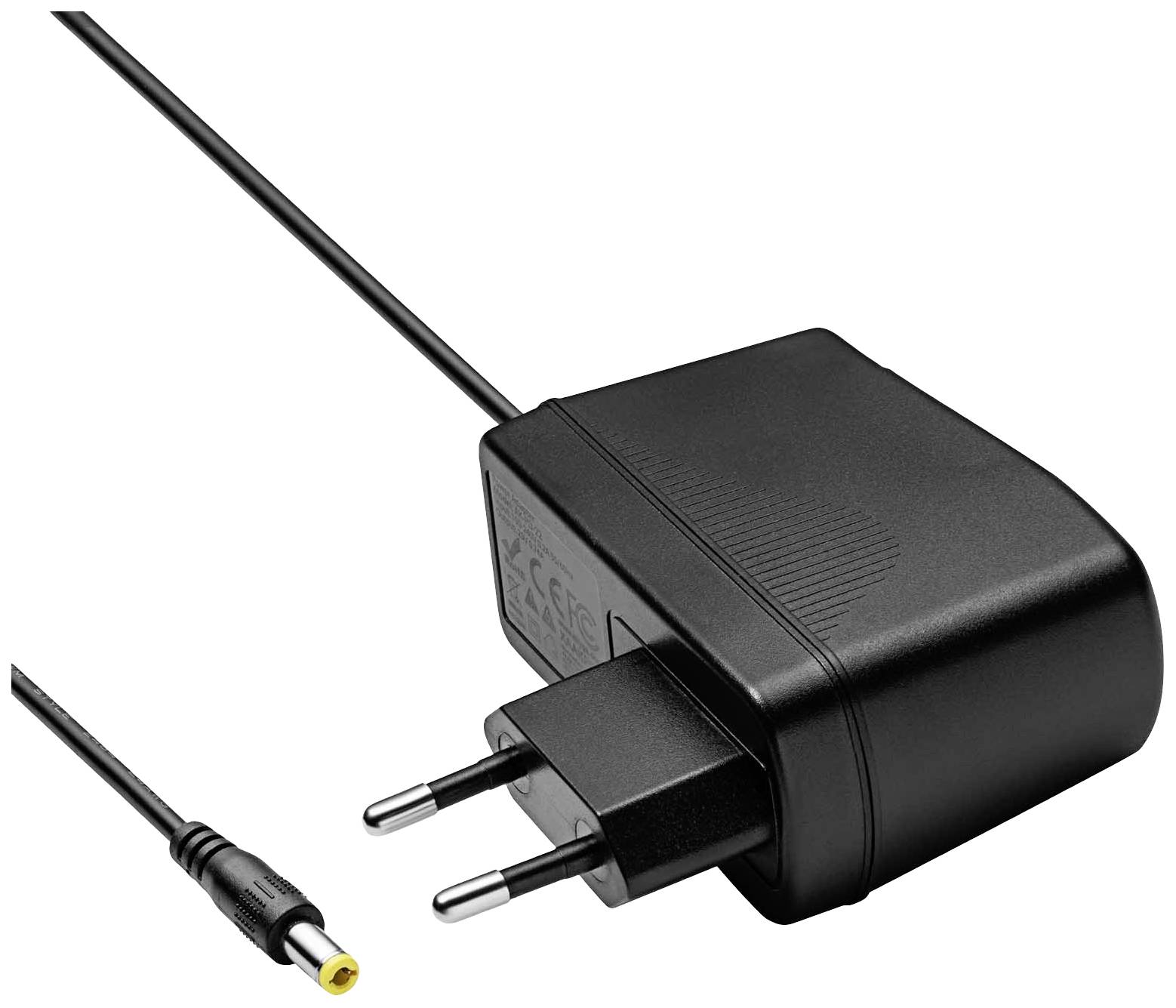 Bloc d'alimentation noir avec câble et connecteur jaune. Adapté pour les appareils électroniques.