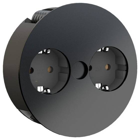 Une prise électrique ronde, noire, double, sans interrupteurs visibles, conçue pour une installation affleurante au mur.