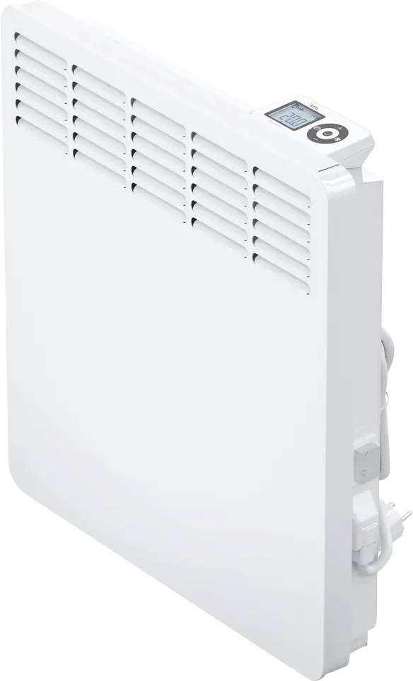 Un radiateur rectangulaire blanc avec des fentes de ventilation en haut.