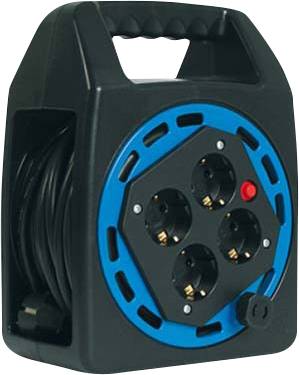 Une rallonge enroulable portable avec un boîtier noir et un bord bleu, équipée de quatre prises et d'un interrupteur rouge.