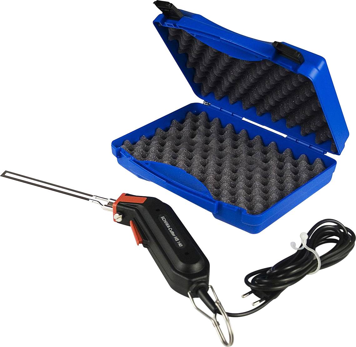 Thermomètre électronique portable pour viande avec sonde et poignée noire. À côté d'un étui de protection bleu ouvert.