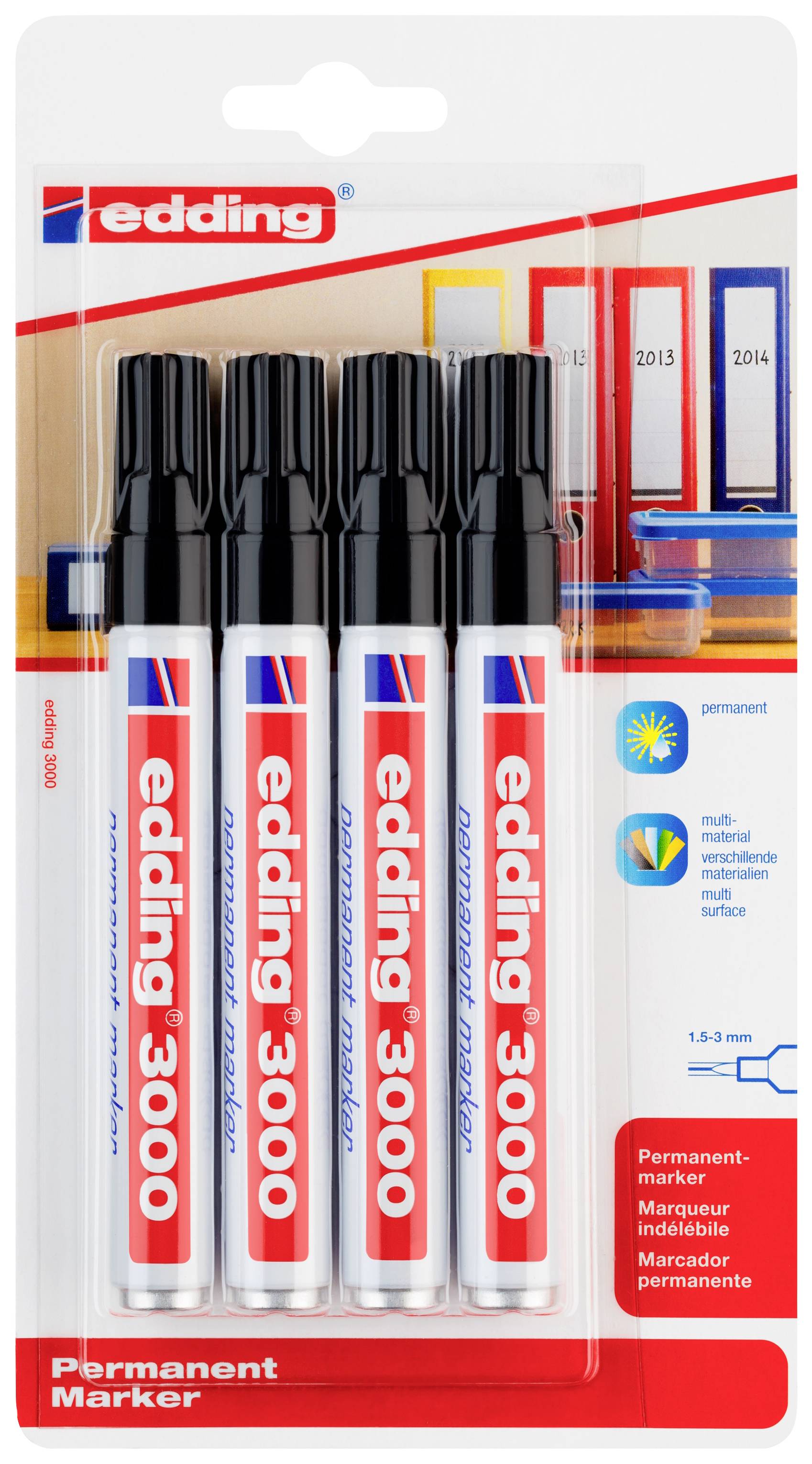 Quatre marqueurs permanents Edding 3000 noirs dans un emballage transparent avec un motif de design rouge, bleu et jaune.
