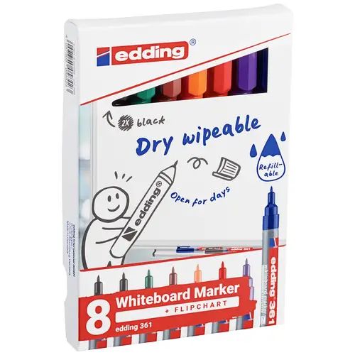 Edding 4-361-8-S2999 Set de marqueurs pour tableau blanc noir, rouge, bleu, vert, orange, marron, violet 8 pc(s) Edding 4-361-8-S2999 Set de marqueurs pour tableau blanc noir, rouge, bleu, vert, orange, marron, violet 8 pc(s)