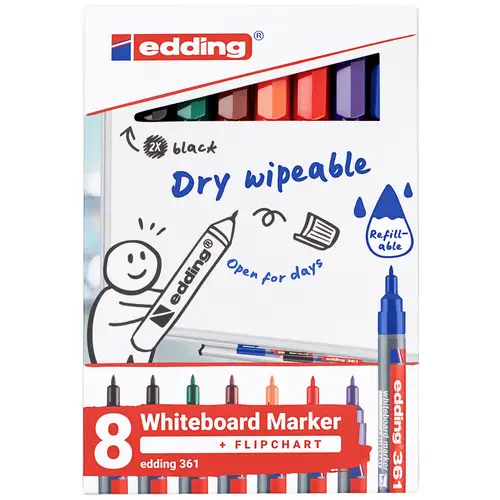Edding 4-361-8-S2999 Set de marqueurs pour tableau blanc noir, rouge, bleu, vert, orange, marron, violet 8 pc(s) Edding 4-361-8-S2999 Set de marqueurs pour tableau blanc noir, rouge, bleu, vert, orange, marron, violet 8 pc(s)