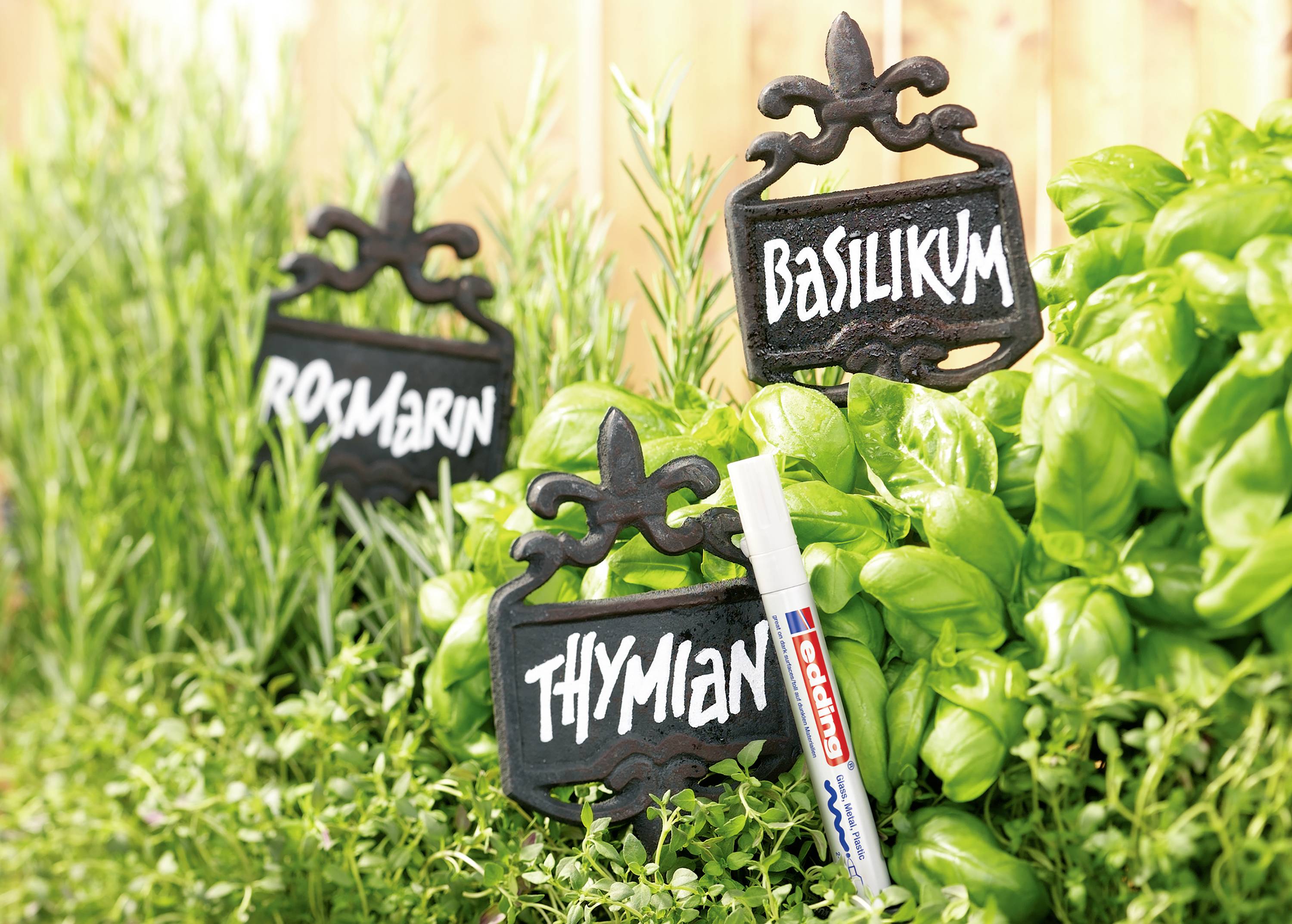 Des panneaux dans le jardin d'herbes aromatiques indiquent 'Romarin', 'Basilic' et 'Thym'. Un stylo est posé entre les plantes.