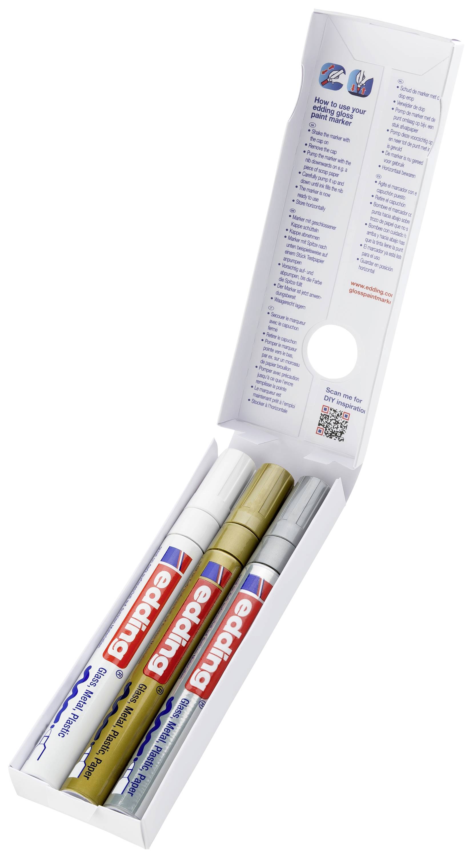 Un emballage ouvert contenant trois marqueurs permanents de la marque edding : un blanc, un doré et un argenté.