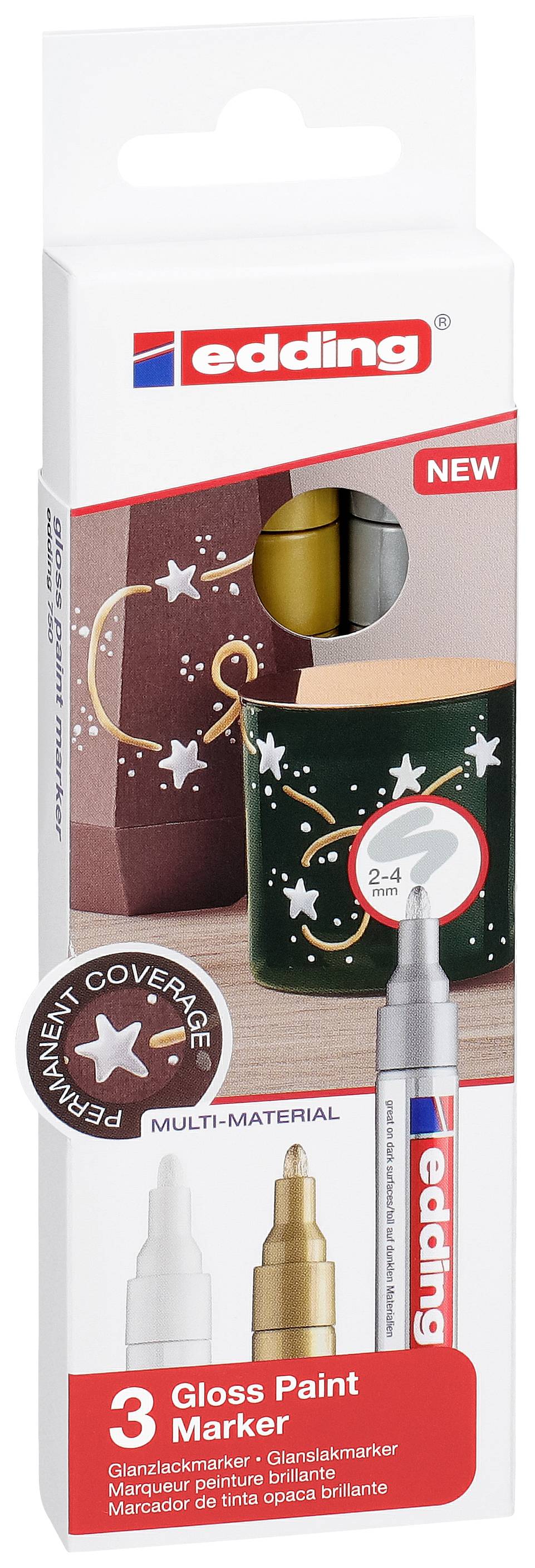 Emballage du 'Marqueur de peinture brillant edding', présentant des marqueurs dorés et argentés. Appliqués sur un gobelet décoratif avec des motifs d'étoiles.