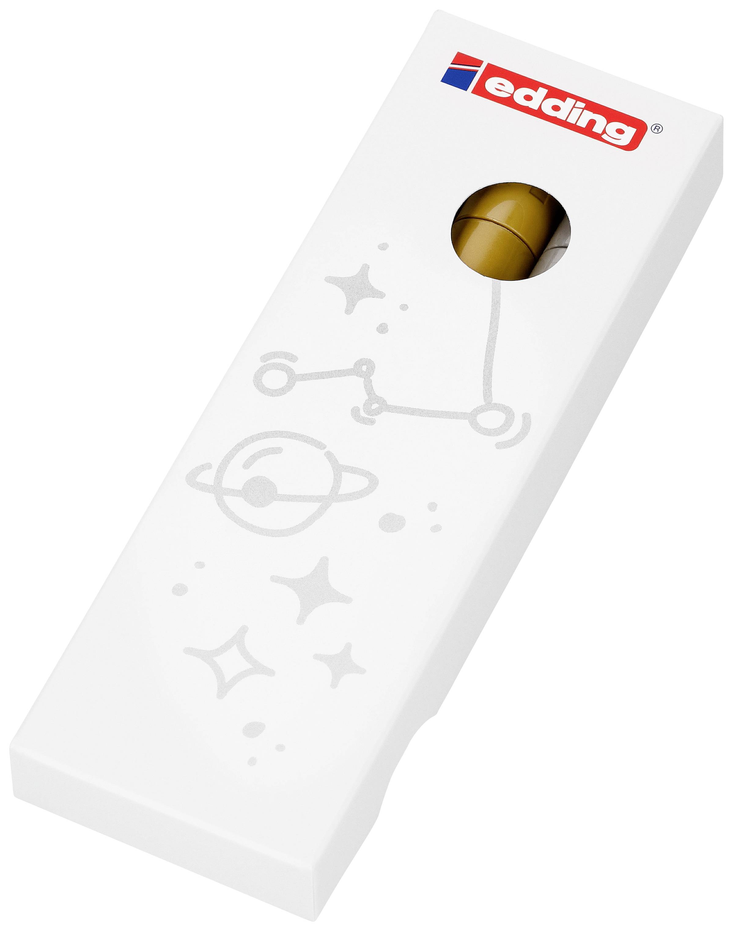 Emballage Edding avec un marqueur marron. Sur l'emballage sont représentés des étoiles et des planètes stylisés.