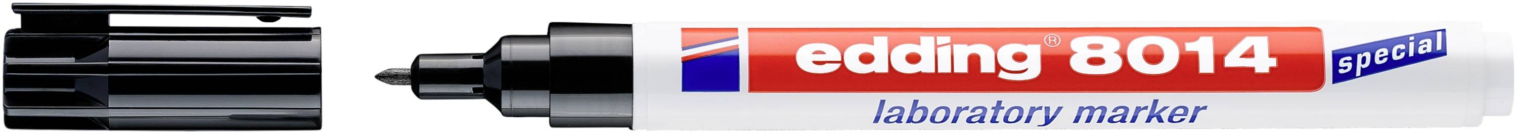 Marqueur de laboratoire Edding 8014 avec capuchon retiré, adapté pour l'étiquetage dans un environnement de laboratoire.