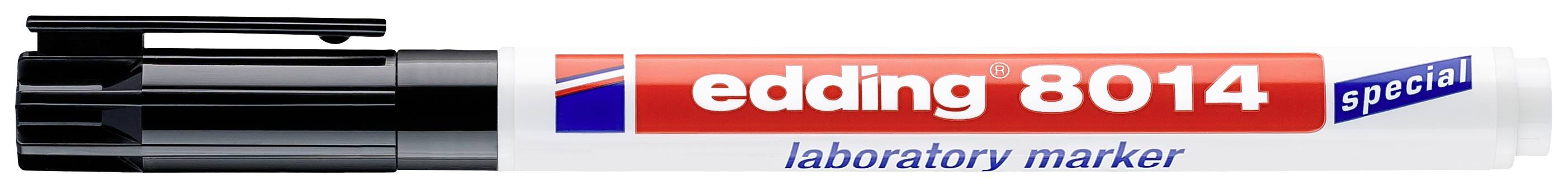 Un marqueur de laboratoire noir 'edding 8014 special' avec un texte rouge sur un fond blanc.