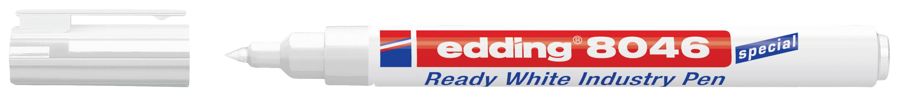 Stylo industriel 'edding 8046 Ready White Industry Pen' imprimé en bleu et rouge, avec un capuchon blanc amovible.
