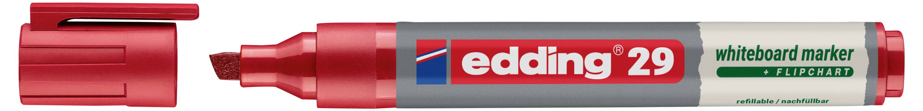Roter Whiteboard-Marker mit Kappe, beschriftet mit 'edding 29', horizontal in der Verpackung gezeigt.