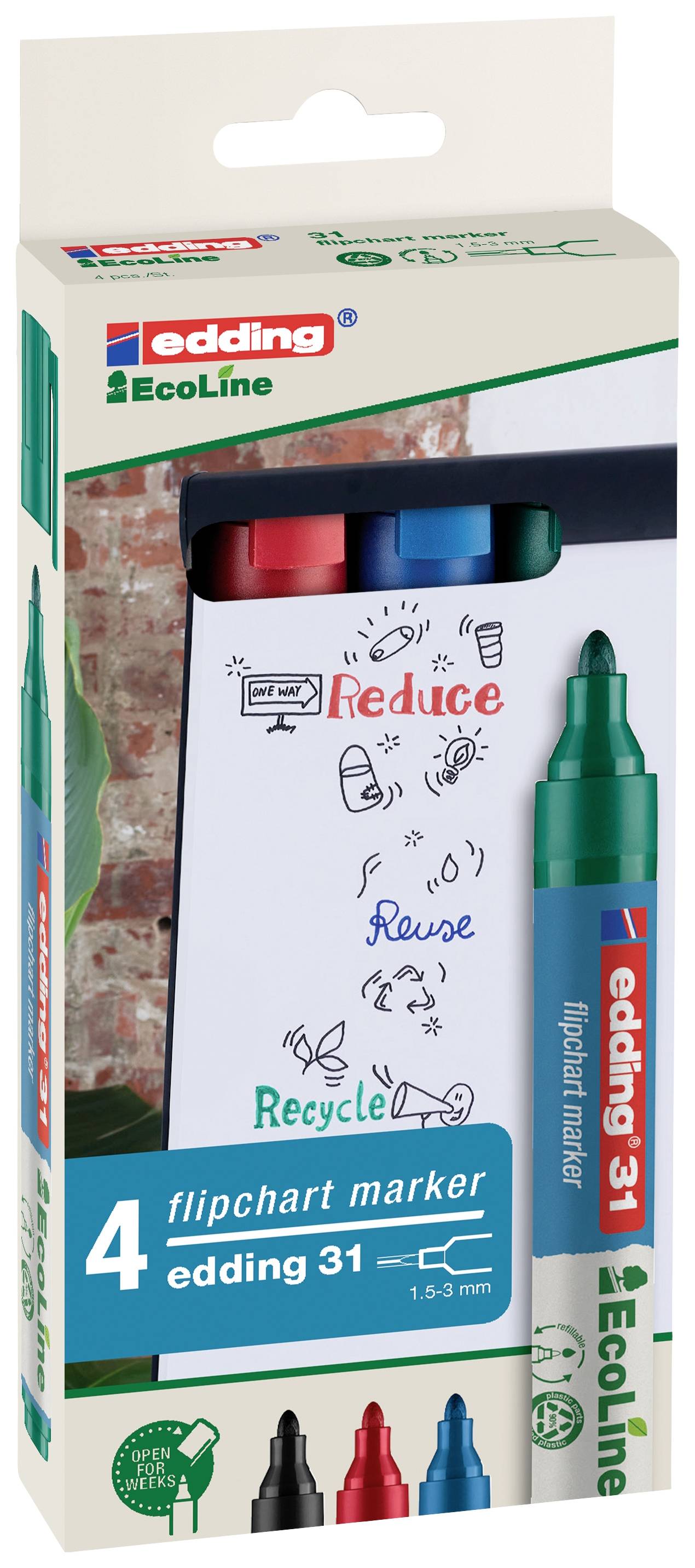 Emballage des marqueurs pour tableau de conférence Edding EcoLine. Montre quatre marqueurs de différentes couleurs et un tableau de conférence portant les mots 'Reduce', 'Reuse', 'Recycle'.