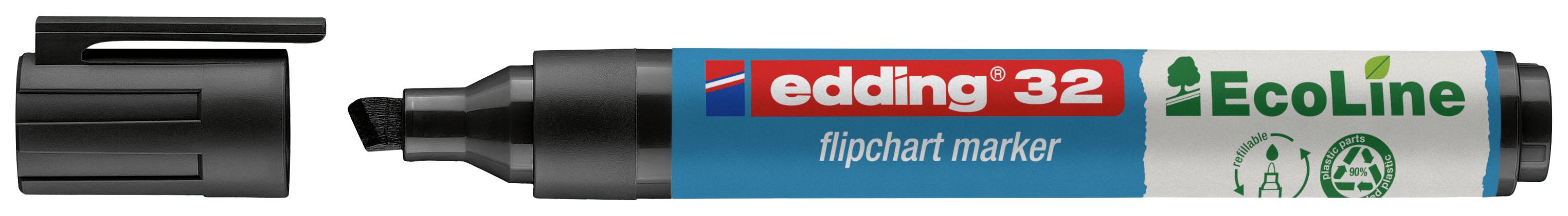 Un marqueur pour tableau noir de la marque edding, avec son capuchon retiré. L'inscription sur le marqueur indique 'edding 32 EcoLine'.