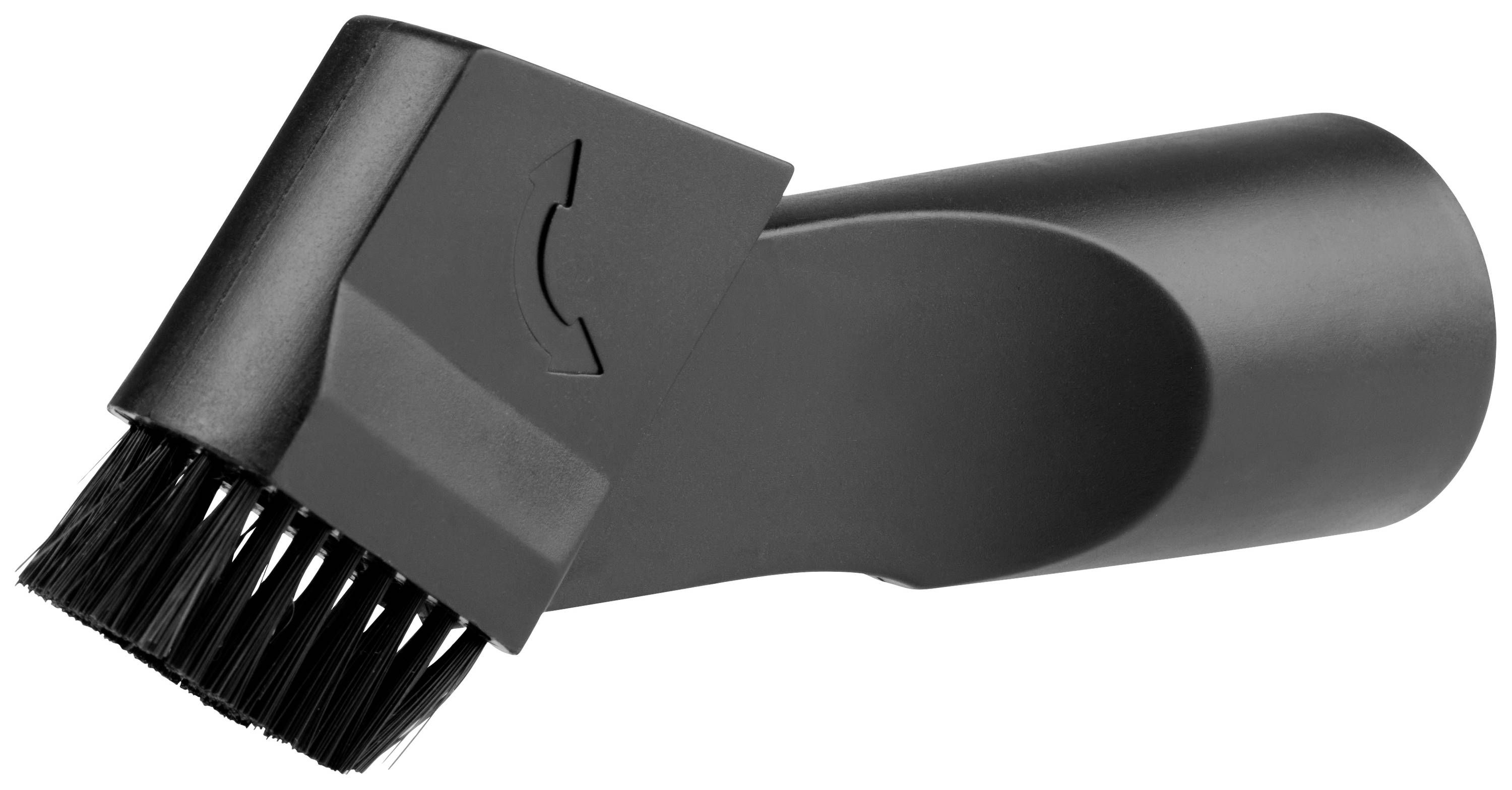 Buse d'aspirateur noire, coudée, avec une brosse. Adaptée pour nettoyer les rembourrage et les endroits difficiles d'accès.