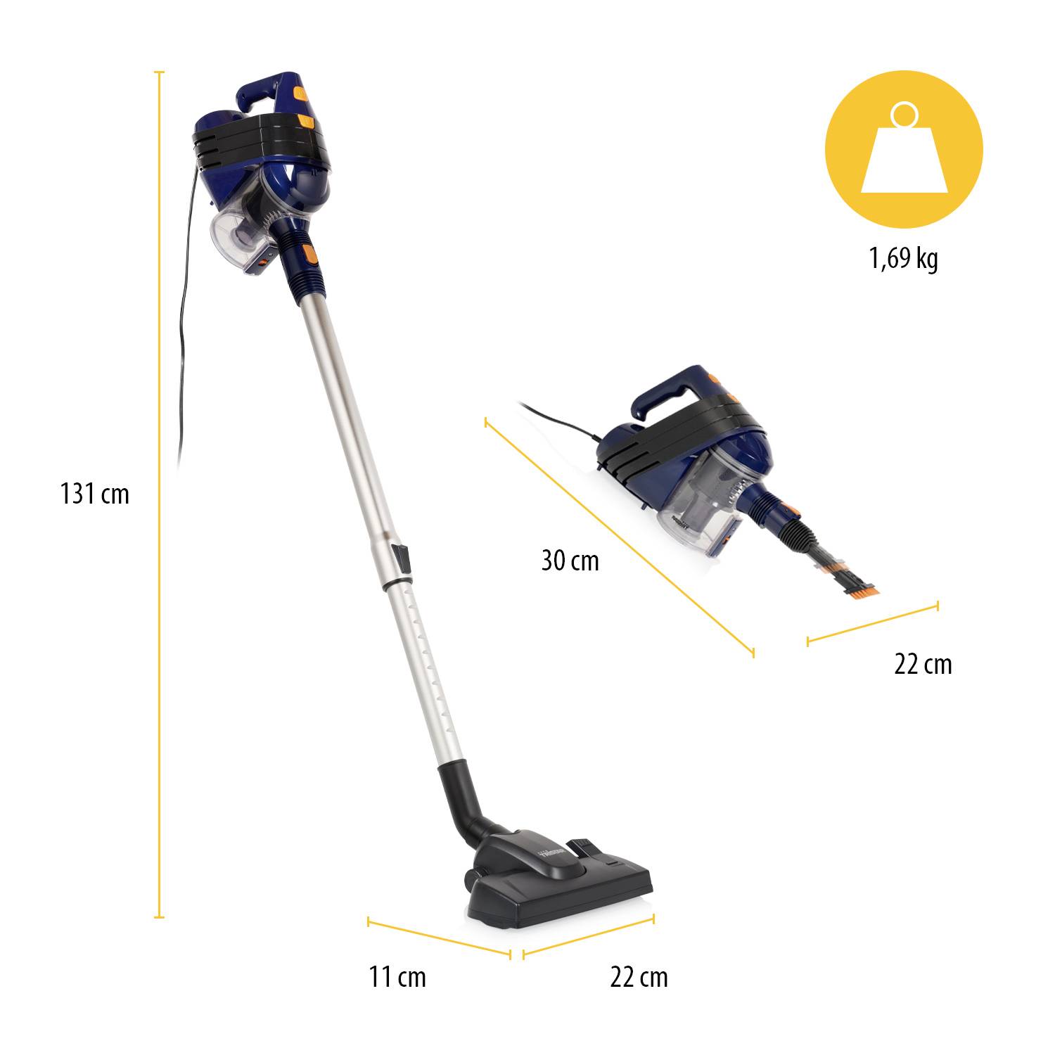 Aspirateur sans fil avec boîtier bleu, long de 131 cm. Vue latérale montre un aspirateur à main, long de 30 cm, pesant 1,69 kg. Idéal pour l'usage domestique.