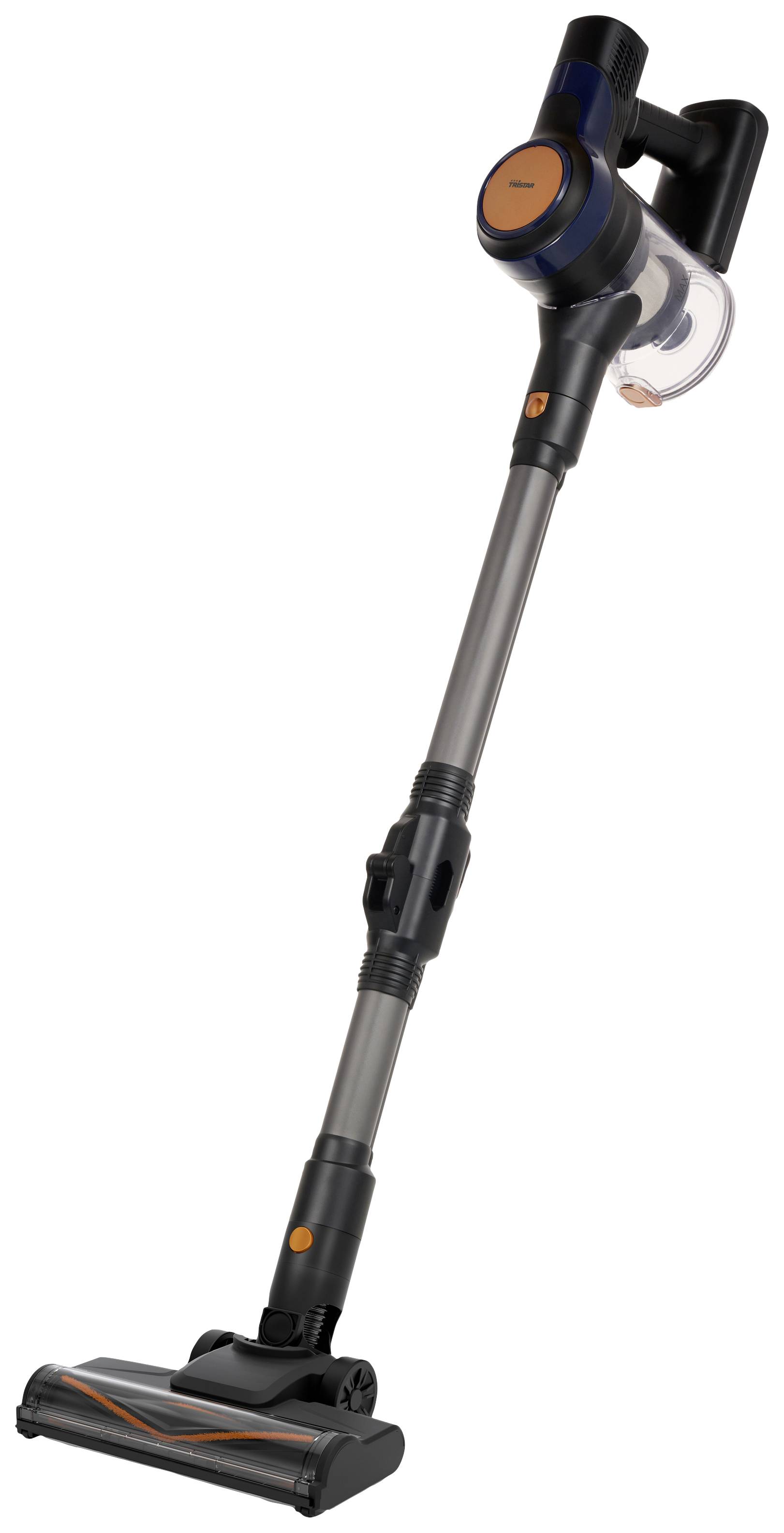 Aspirateur sans fil à long manche et brosses rotatives, gris foncé avec des accents orange, sur fond blanc.