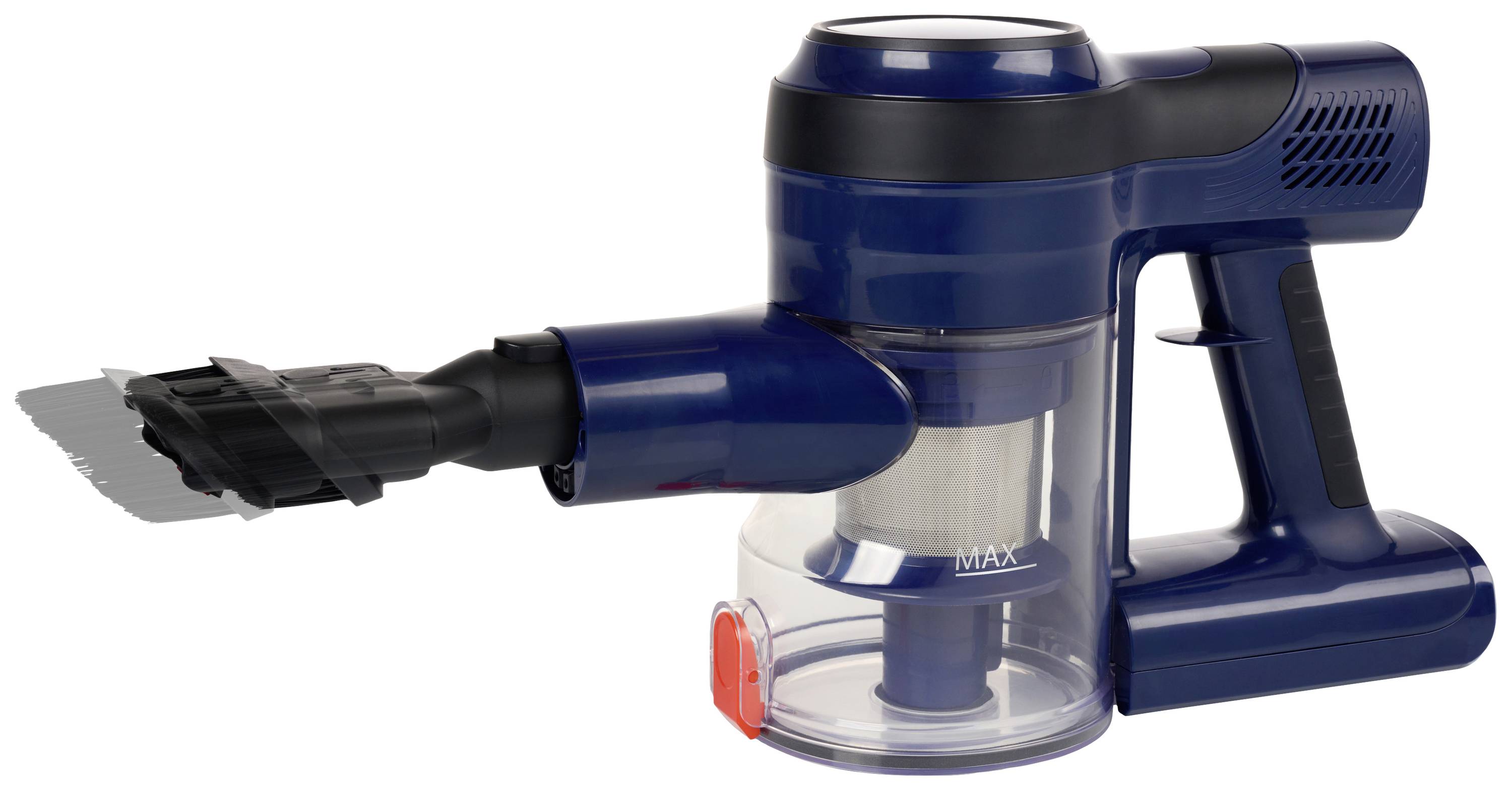 Aspirateur à main bleu avec réservoir transparent et embout noir. L'appareil affiche l'indicateur de niveau MAX sur le réservoir.